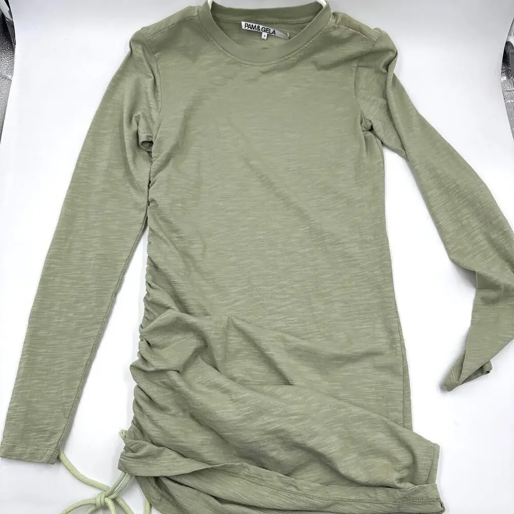 Pam & Gela Long Sleeve Shirred Dress Matcha Green Size Small - Picture 13 of 13